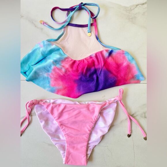 Nwt Wildfox rainbow pastel reversible ruffle mesh seashell bikini set